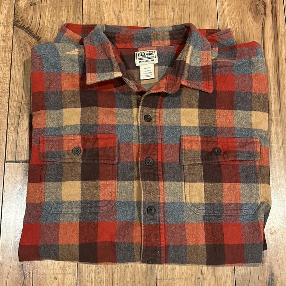 L.L Bean Men’s XXL Tall 2XLT chamois flannel button up long sleeve shirt cotton